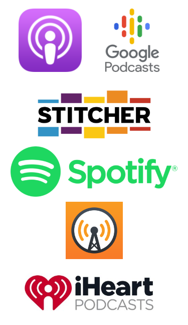 logos of popular podcast listening apps includign Apple, Google, Stitcher, Spotify, iHeartRadio, and Overcast.