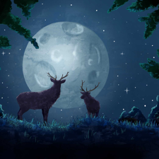 The coverart from the featured podcasts depicts animals, possibly reindeer, illuminated by a large moon at night.